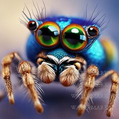 a close up of a blue jumping spider