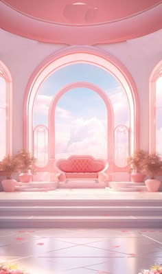 a room with pink furniture and potted plants on the floor in front of an arched window