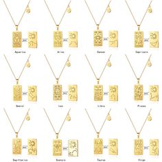 the zodiac sign pendants are shown in gold