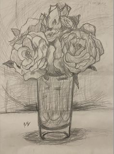 a pencil drawing of roses in a vase