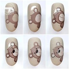 Drawing On Nails Step By Step, Teddy Bear Nail Art Step By Step, Simple Cartoon Nail Designs, Nail Art Bear, Nail Art Step By Step, Animal Print Nail Art, Ongles Beiges