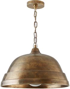 an antique brass finish pendant light with chain hanging from the ceiling, isolated against a white background