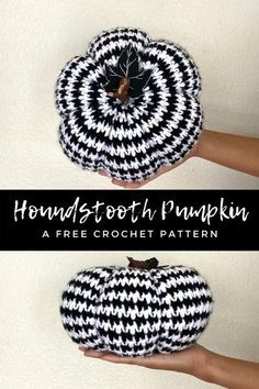 two black and white crocheted pumpkins with text overlay that reads, hands - tooth pumpkin a free crochet pattern