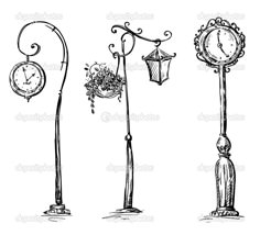 four different types of street lamps with clocks and flowers on the top one is black and white