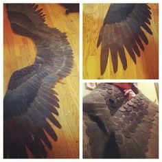 two pictures of an eagle made out of leathers and feathers, one showing the wings