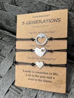 The bond between grandmother, mother and daughter is a bond that cannot be broken 👭 Share your love for the 3 generations of girls in your life, grandma, mom and granddaughter in this 3 piece jewelry set.  Great as a gift for birthdays, holidays, graduation, or for that special pick-me-up :)  💕 Material - Made of High-Quality Nylon Black Cord and charms 💕 Adjustable Size - The length is 4"-9", you can adjust the size through a sliding knot to fit even the largest or smallest of wrists 💕 Hear Adjustable Heart Bracelet For Mother's Day Birthday, Adjustable Heart Bracelet For Birthday And Mother's Day, Personalized Black Heart Bracelet For Mother's Day, Adjustable Heart Bracelet For Birthday Gift On Mother's Day, Daughter Bracelets, Heart Jewelry Set, Mother Daughter Jewelry, Mother Daughter Bracelets, Love Girl