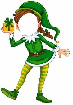 a girl dressed in green holding a present box and wearing an elf costume with her hands out