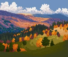 an image of the mountains and trees in pixellated style, with clouds above them