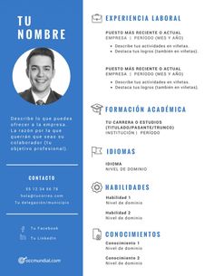 a blue and white resume with an image of a man