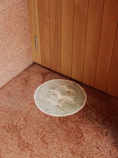 a white plate sitting on top of a floor next to a wooden wall and door