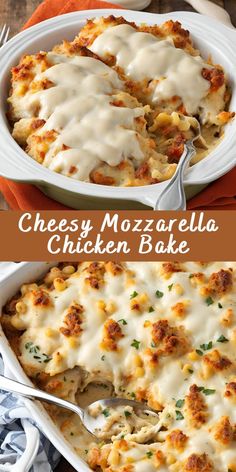 cheesy mozzarella chicken bake in a white casserole dish