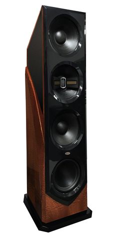 a very tall wooden speaker with two speakers on it's sides and one in the middle