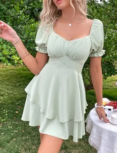 Layered Hem Dress, Short Green Dress, Cute Dress Outfits, School Dresses, Grad Dresses, Hoco Dresses, Inspired Outfits, Really Cute Outfits, Dresses For Teens