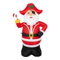 an inflatable santa clause holding a candy cane