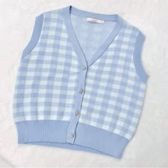 Adorable Baby Blue Checkered Sleeveless Cardigan Sparkly Button Details Purchased In Mexico So Tag Says “G” - Fits Anyone From Xs-M So Kawaii And Adorable Pastel Colors Blue Kawaii Clothes, Pastel Blue Fashion, Pastel Blue Clothes, Mha Clothes, Hello Kitty Cardigan, Blue Sweater Cardigan, Blue And White Outfits, Pacsun Sweaters, So Kawaii