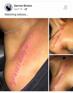 three pictures of breast tattoos with the words welcome mommy written in pink and purple ink