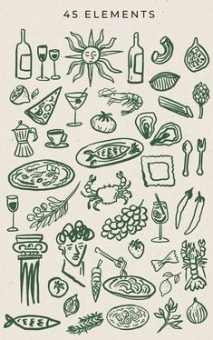 a bunch of food and drinks are drawn on a piece of paper with the words, 45 elements