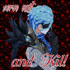 an anime character with blue hair and black eyes, wearing a costume that says snow white and evil