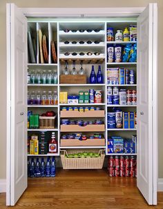 an open pantry with lots of food and drinks