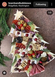 a christmas tree made out of cheese and meats