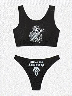 Style: Sexy/Vacation/Grunge/Gothic Fabric: Polyester Blend Fit: Slim Fit Design: Embrace your dark side with this alluring Spooky Skull Print Bikini Set. Its longline tank bikini top showcases a captivating skull pattern. while the high-leg silhouette of the matching brief adds an edgy appeal. Dare to make a statement and unleash your inner gothic goddess with this bewitching ensemble. Black Tank Top For Halloween Festival, Black Stretch Tank Top For Halloween, Edgy Black Tank Top For Halloween, Fitted Black Emo Tank Top, Fitted Black Emo Style Tank Top, Halloween Black Tank Top For Streetwear, Black Gothic Tank Top For Streetwear, Black Emo Tank Top For Summer, Black Sleeveless Tank Top For Rave