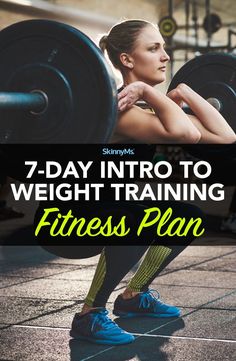 a woman squats on the ground with her arms behind her back and text overlay that reads, 7 - day into to weight training fitness plan