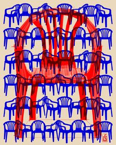 an artistic drawing of chairs in red and blue