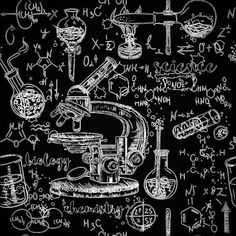 a black and white drawing of science related items