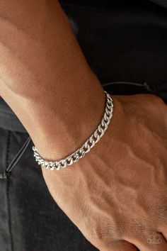 Shiny black cording knots around the ends of a silver beveled curb chain that is wrapped across the top of the wrist for a versatile look. Features an adjustable sliding knot closure. Sold as one individual bracelet. P9MN-URSV-016XX Adjustable Knot Bracelet, Guy Jewelry, Adjustable Sliding Knot, Sliding Knot Closure, Mens Chain Bracelet, Mens Silver Jewelry, Mens Bracelet Silver, Mens Jewelry Necklace, Hand Bracelet