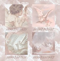 four pictures of angels and doves in the sky with clouds behind them, one has an angel's wings