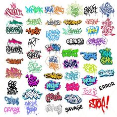 various graffiti font and colors on a white background with the word's name added to it