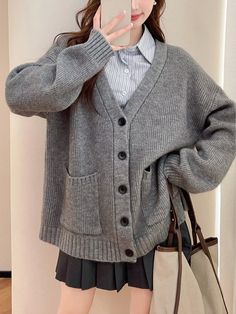 Women's Casual Minimalist Knitted Cardigan Sweater Grey Casual  Long Sleeve Knitwear Plain  Slight Stretch Spring/Fall,Fall/Winter Women Clothing, size features are:Bust: ,Length: ,Sleeve Length: Grey Sweaters For Women, Korean Fall Fashion, Knitted Cardigan Sweater, Grey Sweaters, Áo Len Cardigan, Korean Girl Fashion, Sweater Grey, Knitted Cardigan