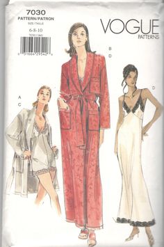 Vogue 7030, Misses Robe, Belt, Teddy and Nightgown:  Very loose-fitting, straight, wrap robe, above mid-knee or below ankle, hs collar, dropped shoulder, pockets, carriers, belt and long sleves with narrow hem.  Fitted teddy, mini length or bias ngithgown, below ankle, has shoulder straps and back cutton/loop cloisng. C: side slits.  Purchased trims. Copyright 1999 Size:      12 - 14 - 16 Bust:      34 - 36 - 38 Waist:    26 1/2 - 28 - 30 Hip:       36 - 38 - 40 This pattern is uncut and factory Mccalls Dress Patterns, 1990s Vogue, Plus Size Summer Fashion, Fashion Artwork, Sewing Lingerie, Vintage Dress Patterns, Vogue Patterns, Nightgowns For Women, Fashion Design Sketches