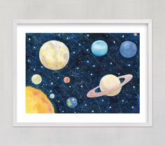 the solar system is shown in this watercolor painting