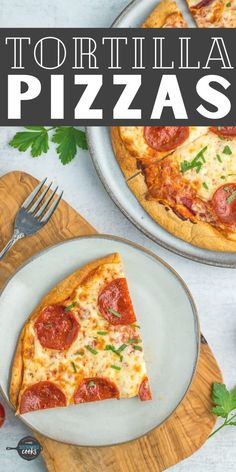 two slices of pizza sitting on top of plates