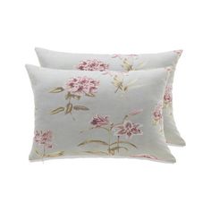 two white pillows with pink flowers on them