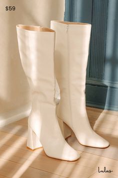 We have a feeling the Lulus Magnolia White Square Toe Knee-High Boots are going to complete all of your go-to looks this season! Smooth faux leather shapes these flirty boots that have a square toe upper and a 14.75"" knee-high shaft with a decorative seam-inspired detail at the outstep and a 15.5"" circumference. A 15.5 zipper at the instep makes for easy styling, while a trendy block heel completes the stylish look! 3. 75" wrapped block heel. Cushioned insole. Rubber sole has nonskid markings. Trendy Block Heels, White Square, Knee High Leather Boots, Heel Boots, Personal Marketing, High Heel Boots, Knee High Boots, High Boots, High Heel