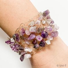 Amethyst chips wire crochet sterling silver cuff bracelet Wire Crochet Bracelet, Wire Crochet Jewelry, Wire Crochet, Polymer Clay Pendant, Sterling Silver Cuff Bracelet, Wire Bracelet, Necklace Online, Sterling Silver Cuff, Silver Cuff Bracelet