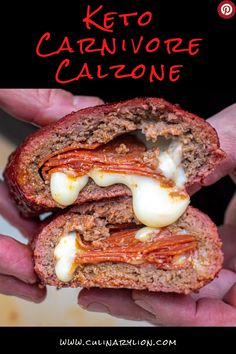 two hands holding a meatloaf sandwich with cheese and sauce on it in front of the caption reads keto carnivore calzone