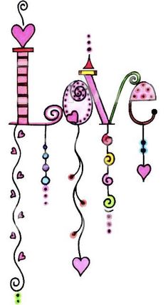 the word love is written in pink and green with hearts hanging from it's sides