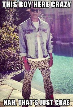 a man wearing leopard print pants and denim jacket standing in front of a pool with the caption, this boy here crazy nah that's just crae