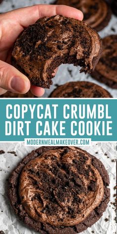 a hand holding up a chocolate crumbl cookie with the words copycat crumbl