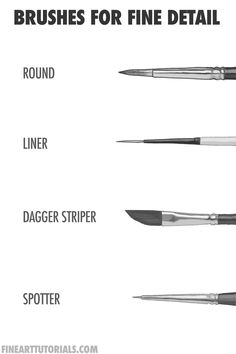 the different types of brushes for fine detail are shown in black and white, along with their names