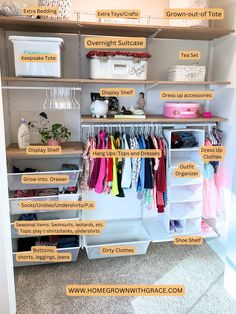 an organized closet with lots of items labeled