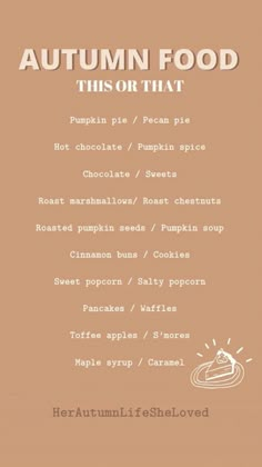 an autumn food menu with pumpkin pie, pecan spice and chocolate