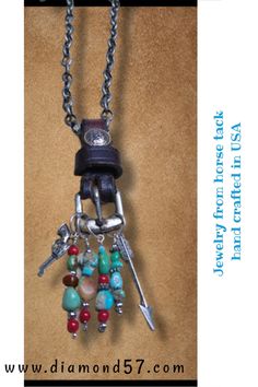 THis necklace is made from a buckle off a horse bridle. I used turquoise, red spiny coral and charms to add some cowgirl spirit. Custom orders welcome. Hand crafted in Arizona by Diamond 57 Leather Goods #cowgirlmagazine #holyCowCo #hcc #haironcowhide #cowhidepurse #cowhidebag #leathergoods #handcrafted #madeinUSA #handMade #leathergoods #cowgirlswag #happycowgirl #cowgirlfashion Old Cowboy Boots, Boot Purse, Cowboy Boot Purse, Fringe Crossbody Purse, Western Bridles, Cowhide Purse, Cowgirl Magazine, Vintage Cowboy Boots, Horse Bridle