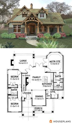 the floor plan for this craftsman's style home is shown in two different views