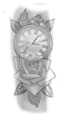 a drawing of a rose with a clock on it