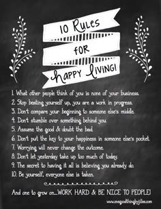 the rules for happy living written on a chalkboard