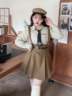 Plus Size - Coffee Preppy High Waist Overalls Suspender Skirt Kawaii Plus Size Outfits, Skirt Overalls Outfit, Turtle Neck Outfits, Skirt And Top Outfits, Overall Shorts Outfit, Overalls Skirt, Suspenders Outfit, Skirt Overalls, Plus Size Kawaii